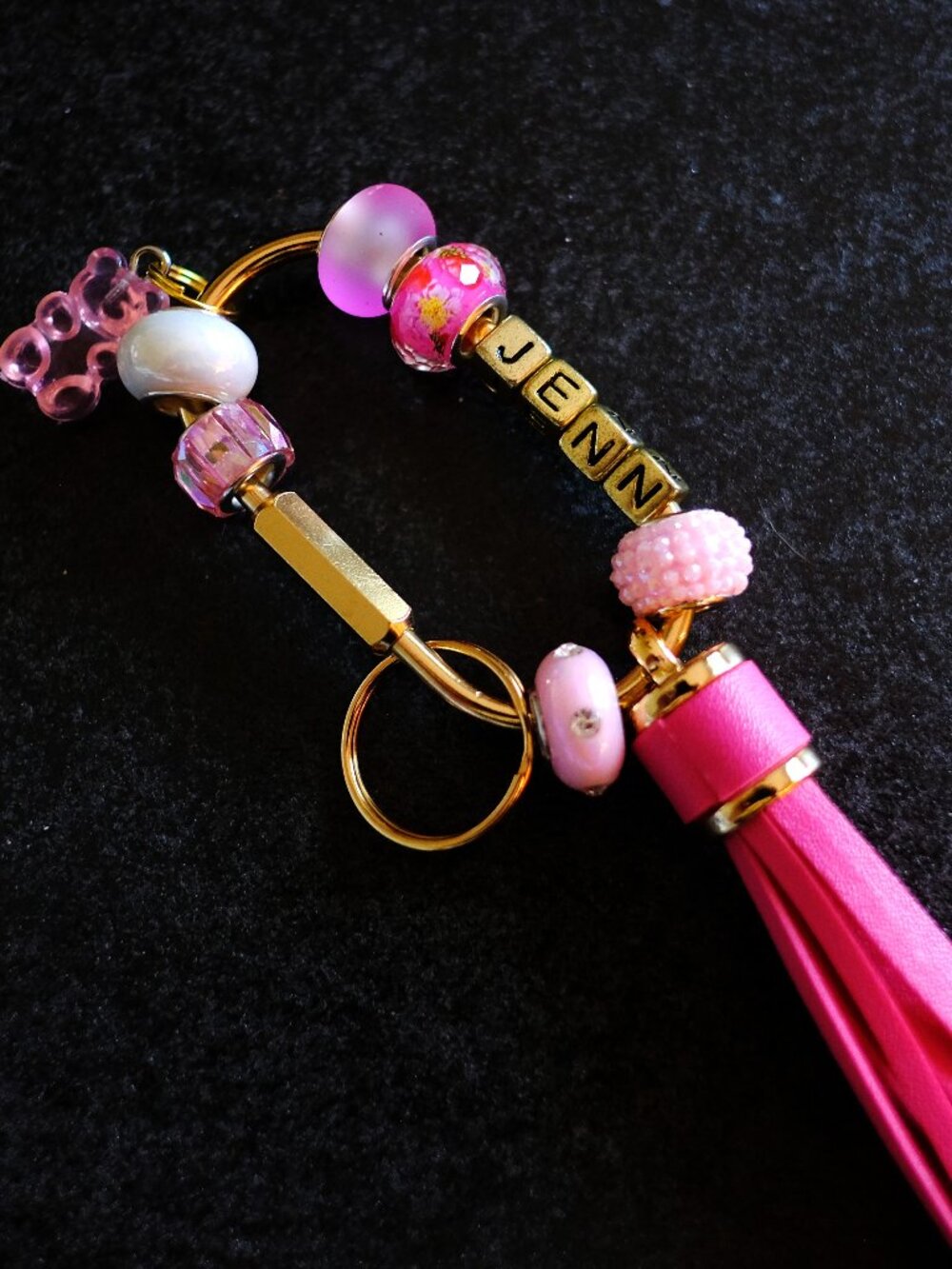 Gorgeous Handmade Beaded Brass Keychain, gift, tassel, charms, bead, pink, gold